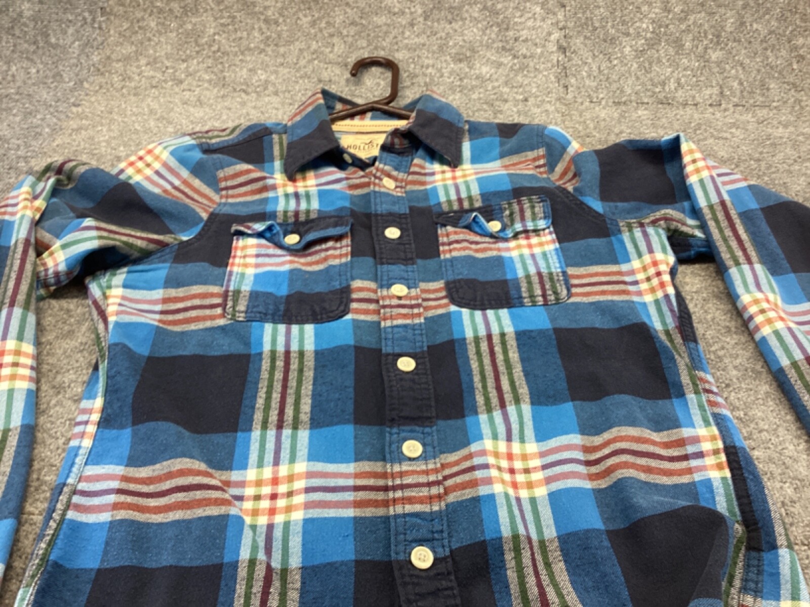 Hollister Flannel Shirt Men's Medium Madras Plaid Blue Long Sleeve Button Up-image