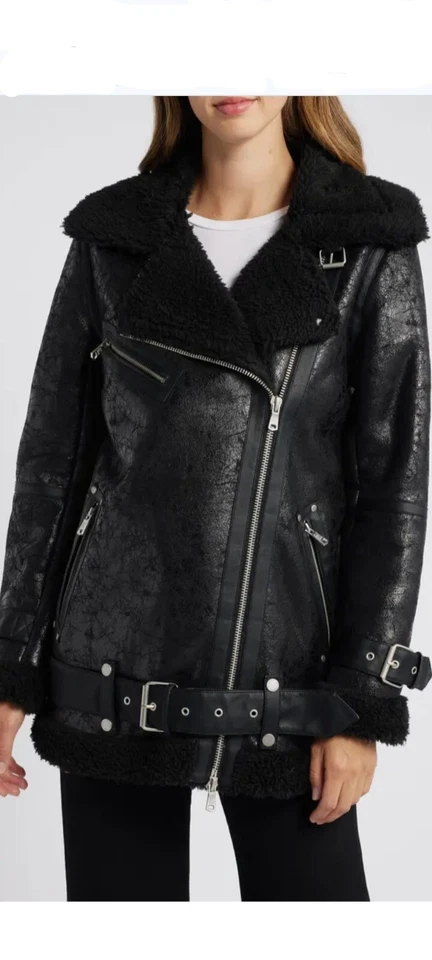 NEW Avec Les Filles Women's Faux Shearling Biker Jacket Size S