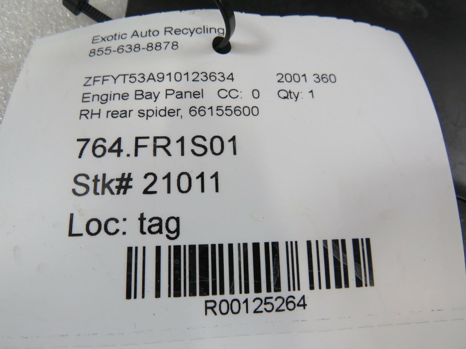 Ferrari 360 Spider, RH, Right, Rear Engine Bay Panel, Used, P/N 66155600