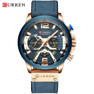 CURREN Men's Quartz Sport Watch Leather Strap Chronograph Calendar  Wristwatch