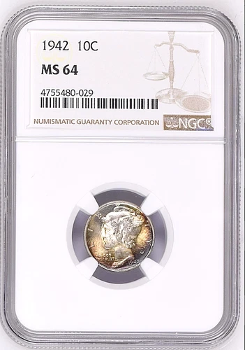 1942 NGC MS 64 10C  MERCURY DIME COLOR 