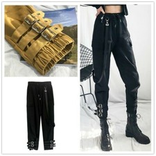 Women Punk Harem Cargo Pants Gothic Trousers Buckle Bandage Hip Hop Japanese