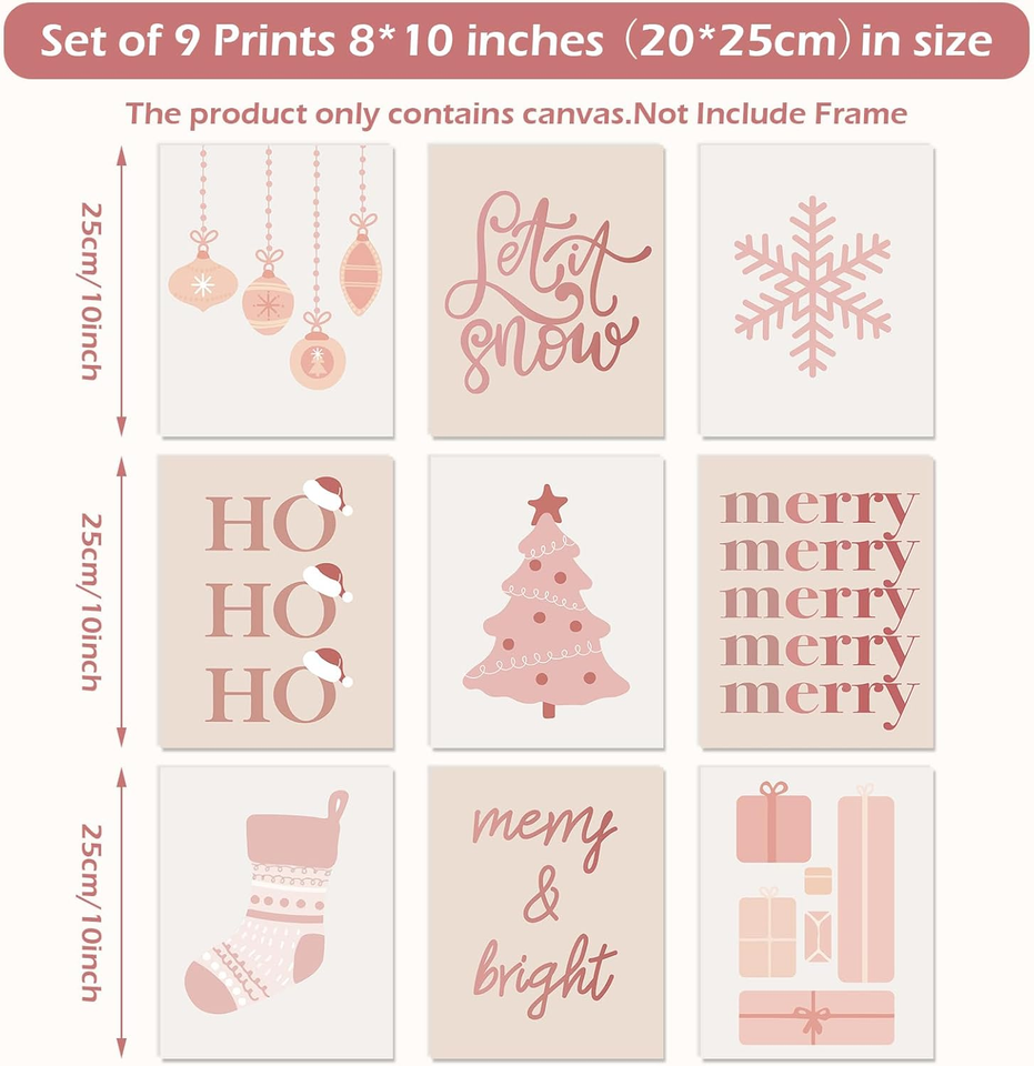 9Pcs Christmas Boho Wall Art Prints Xmas Tree Snowflake Paper Art
