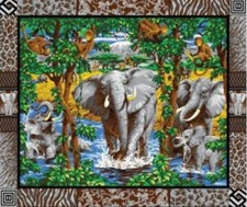 Elephant Social Elephants Monkey Giraffes 36x44 Large Cotton Fabric Panel