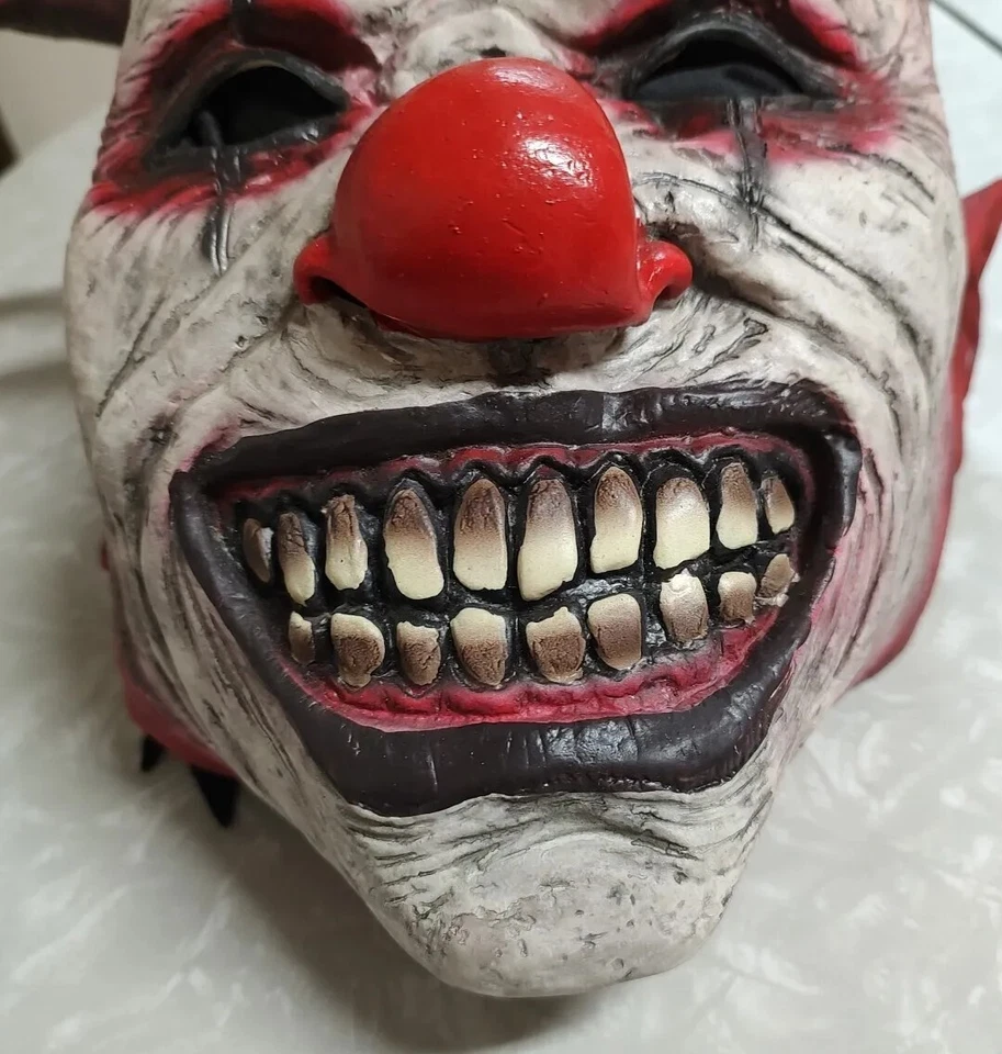 Adult "Jingle Jangle" Demon Clown Jester Full Latex Mask Devil Horns Bells Scary - Image 2 of 4