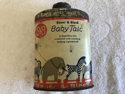 BAUER & BLACK, B & B, BABY TALC VINTAGE TIN, GREAT GRAPHICS