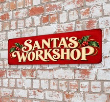 Santa's Workshop Sign, Vintage Christmas Aluminum Street Sign, Retro Holiday