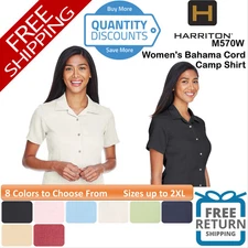 🔥 Harriton Women Bahama Cord Camp Shirt Short Sleeve button Up To 2XL M570W