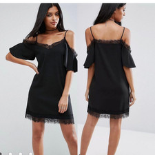 ASOS Black Cold Shoulder Mini Dress Sz 4 Lace Trim Party Cocktail Whimsigoth