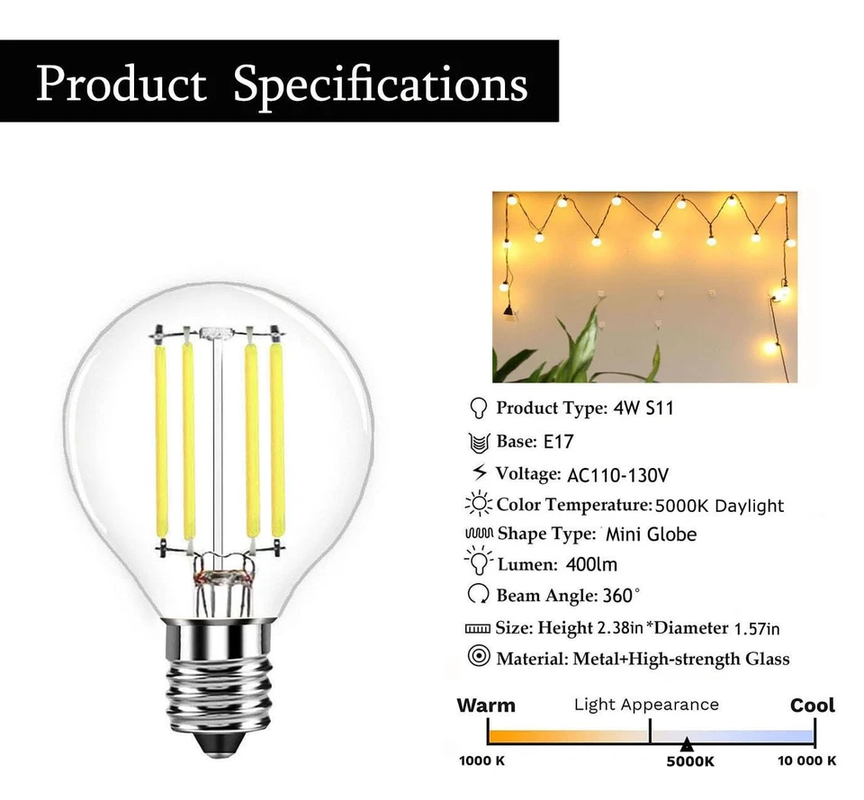 5-Pack S11 LED Bulbs E17 Intermediate Base Edison Globe Light Bulbs 40 Watt E... - Image 2 of 4