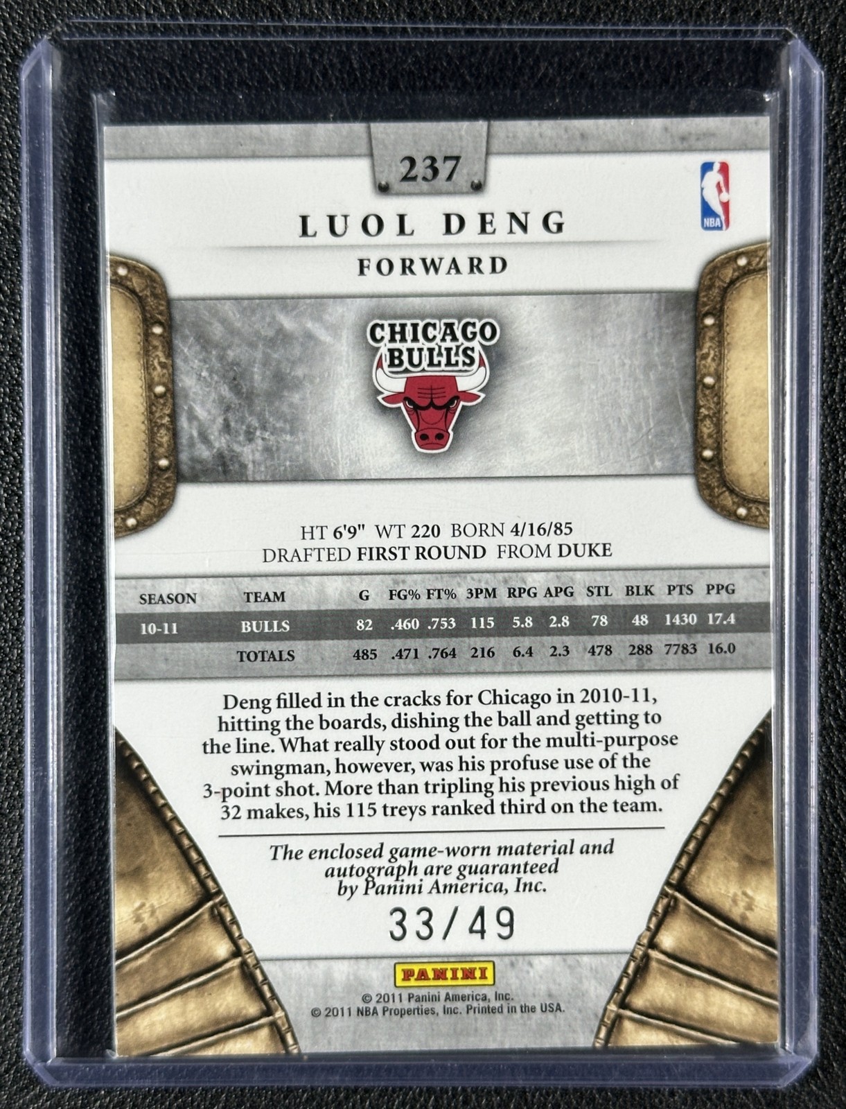 LUOL DENG 2011-12 PANINI PREFERRED #237 GAME-USED JERSEY AUTO 33/49 BULLS view 2