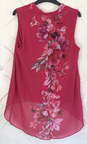 ROMAN Top Uk 12 Fuchsia Floral Dipped Hem Hi Low Chiffon Sleeveless Vest Tunic - Picture 3 of 6