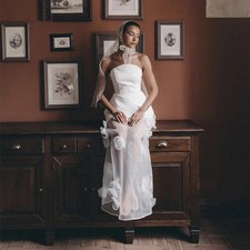 Sheath Satin Wedding Dress Sexy Open Back Strapless Bridal Gown Pleated Tulle