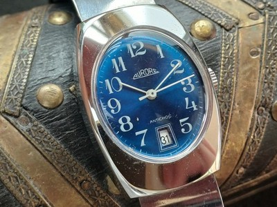 Alte mechanische Herrenuhr AURORE verchromt Datum MHS P75 überholt und Garantie