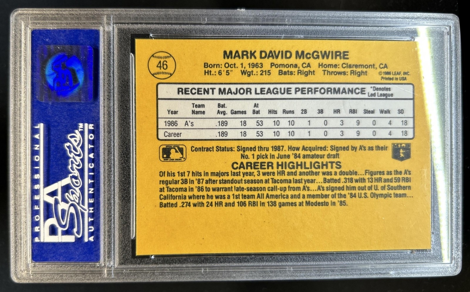 1987 Donruss Mark McGwire Rookie RC #46 Athletics PSA 8 view 2