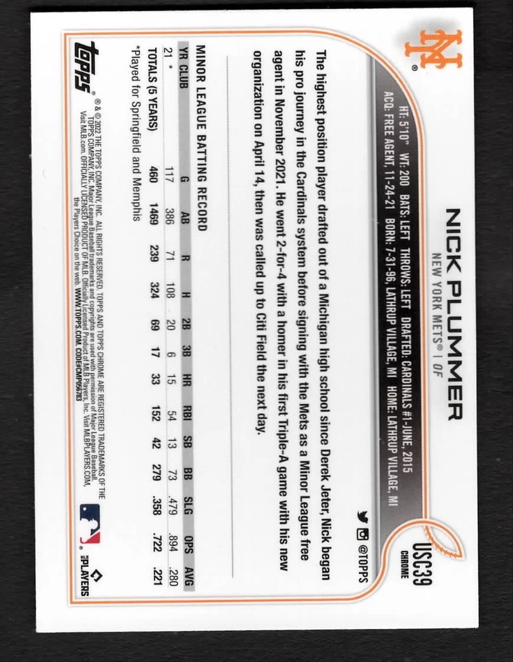 2022 Nick Plummer Topps Chrome Baseball Rookie RC Mets USC39 - Image 2 of 2