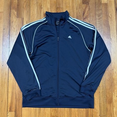 Adidas Track Jacket Mens L Athletic Embroidered Logo 3 White Stripes Navy Blue