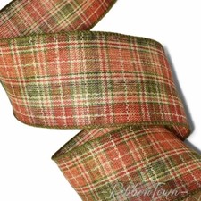 5 Yards Autumn Fall Plaid Green Orange Plaid Wired Ribbon 2 1/2"W