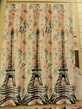 new PARIS Gray Pink Flowers White Eiffel Tower Flowers fabric SHOWER CURTAIN