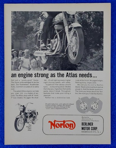 1965 NORTON MOTORCYCLE VINTAGE PRINT AD ATLAS 750cc BRITISH BIKE RACING ICON