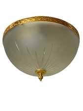 Vintage French Brass Flush Mount Etched Glass Starburst Ceiling Light Chandelier