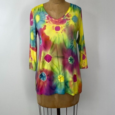 Integrity Blouse Women Small Stretch Shirt Rainbow Tie Dye Sun Party USA Core Ne