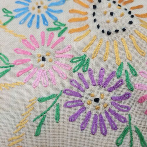 Vintage Embroidered Cross Stitch Flower Bouquet Linen Tablecloth Crocheted Edge - Picture 5 of 6