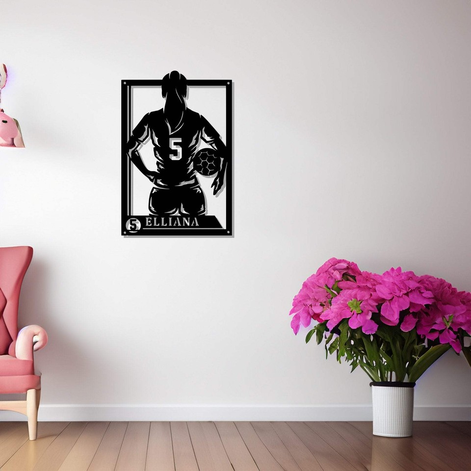 Custom Female Soccer Signage Metal Wall Art Personalized Soccer Player