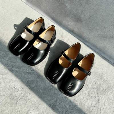 Womens Summer Split Toe Shoes Low Heel Thick Heel Buckle Leather Mary Jane Shoes