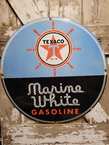 VINTAGE TEXACO PORCELAIN SIGN OLD 30" MARINE WHITE BOAT LAKE FUEL GAS MOTOR OIL