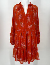 Vince Camuto Dress M Orange Floral V-Neck Tiered Mini Sheer Cottage Boho NEW