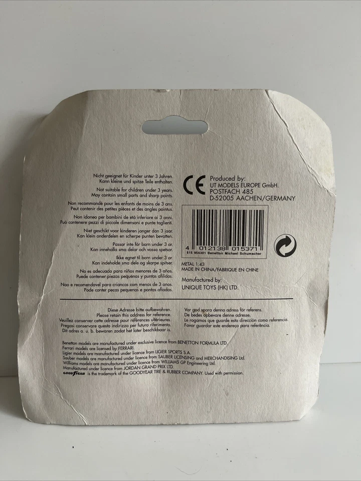 F1 BENETTON - M SCHUMACHER - UT MODELS PULL BACK ESCALA 1/43 - BLISTER PACK NUEVO Foto 2 de 4