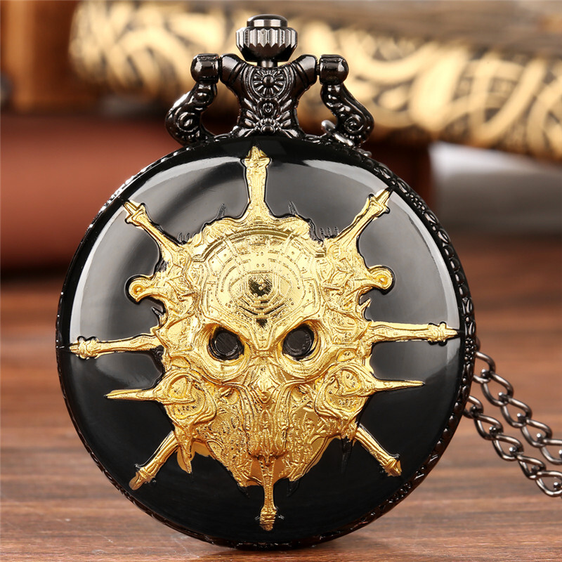 Bronze Carved Skull Design Antique Quartz Pocket Watch for Men
