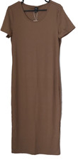 Ladies Women Brown Short Sleeve Stretch Bodycon Midi Dress Size M