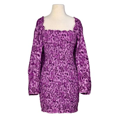 Free People Smock It to Me Purple Azalea Combo Puff Sleeve Mini Dress Size S NEW