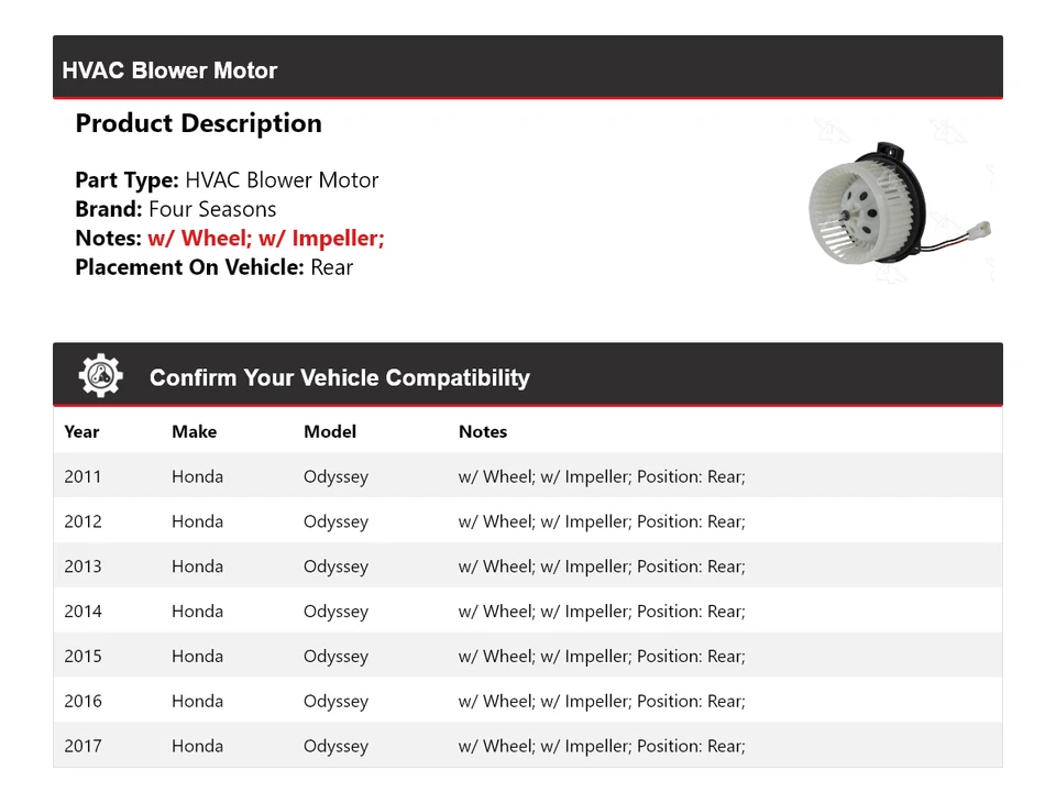 Soplador de climatización trasero para Honda Odyssey 2011-2017 4 estaciones 2012 2013 2014 2015 Foto 2 de 4