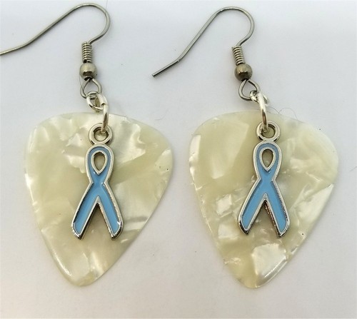 Light Blue Ribbon Charm Guitar Pick Earrings with Surgical Steel Earwires - Picture 10 of 10