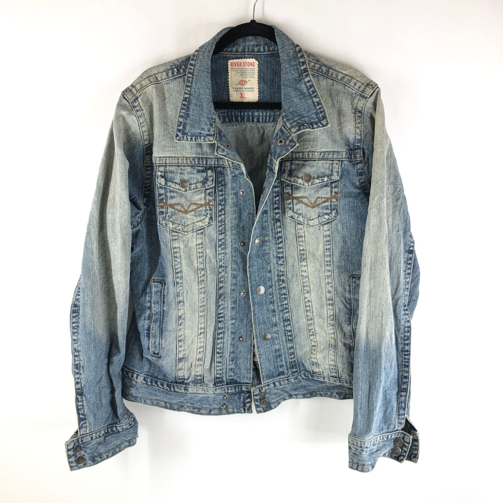 River Stone Mens Denim Jacket Vintage Retro Trucker Snap Button Fading XL