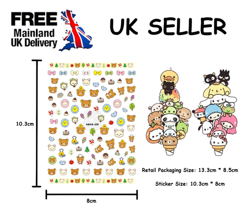 🌸SANRIO Nail Art Self Adhesive Stickers Kawaii Bear Rilakkuma Kuromi Purin🌸 - Picture 18 of 23