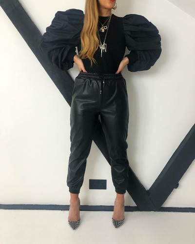 Ladies Faux Leather High Waist Joggers 