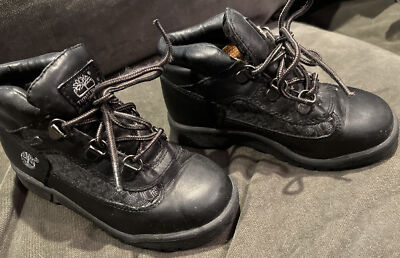 Timberland  Boys Girls  Sz 12 Black leather Logo mid top Field Hiking Boots