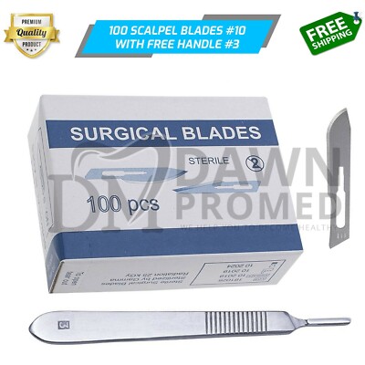 100 Sterile Surgical Blades #10 FREE BP Scalpel Handle #3 Medical German Grade