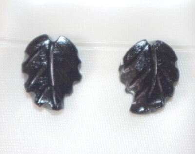 Carved Leaf Genuine Black Onyx Vintage Stud Earrings 14K Gold Filled