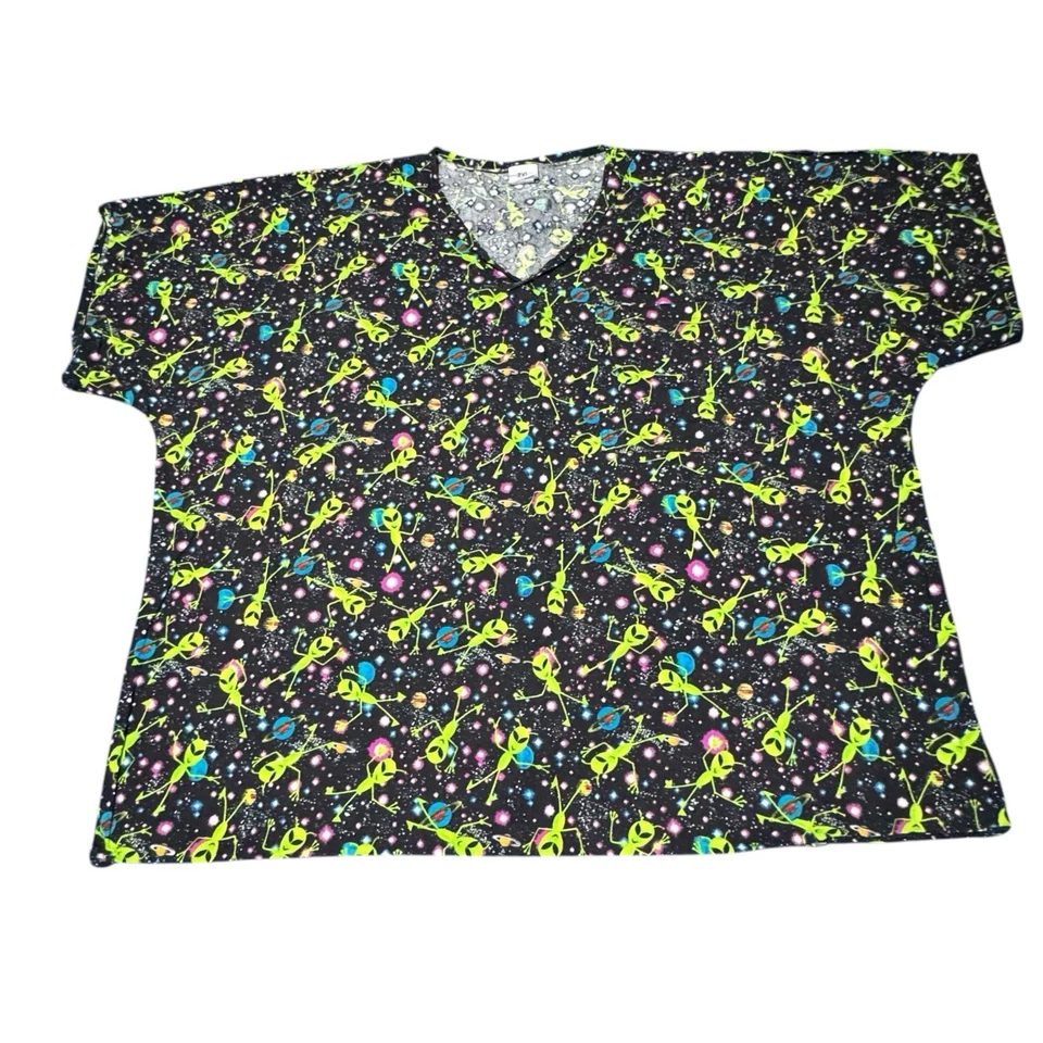 S.C.R.U.B.S Y2K 2XL Alien Space Print Scrub Top Neon Galaxy 90s Nostalgia Cotton - Image 4 of 4