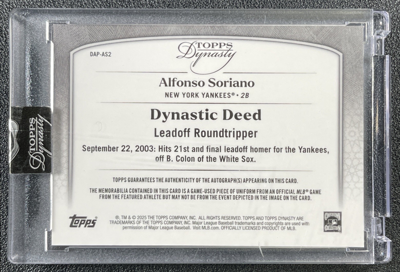ALFONSO SORIANO 2025 TOPPS DYNASTY #DAP-AS2 GAME-USED PATCH AUTO SILVER 1/5 view 2