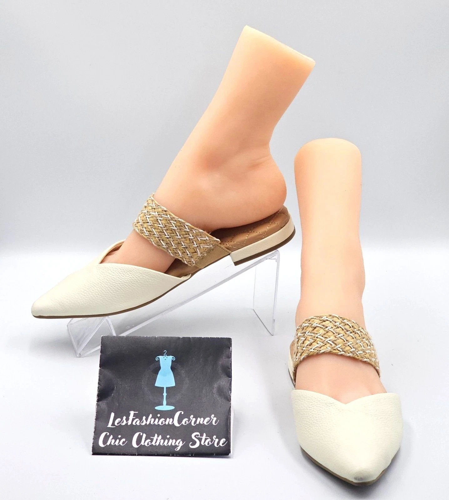 Birdies Women Cream Leather The Swan Cuff Pointed Toe Strap Mule Flats Sz 6 2404