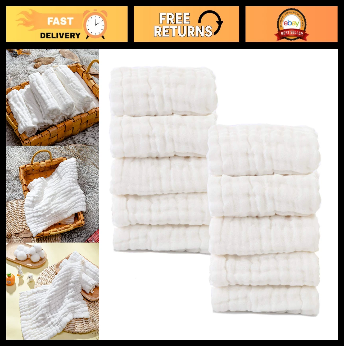 Soft Baby Muslin Washcloths - Natural Cotton Wipes for Sensitive Skin, 10 Pack