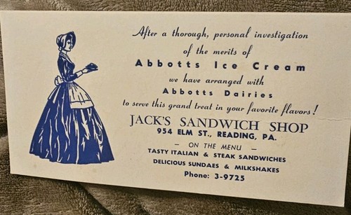 ​Vintage Jack’s Sandwich Shop Reading PA Abbotts Ice Cream Ephemera Menu Insert
