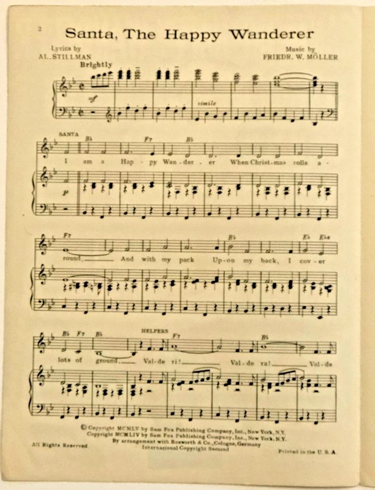 1955 SANTA THE HAPPY WANDERER sheet music CHRISTMAS claus Friedrick Moller - Image 2 of 2