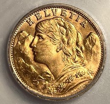 1947B Switzerland 20 Francs Gold Coin ICG BU Brilliant Uncirculated Coin KM#35.2